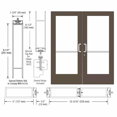 CRL-U.S. Aluminum DE52922 Bronze Black Anodized Custom Pair Series 550 Wide Stile Geared Hinge Entrance Doors for Overhead Concealed Door Closers