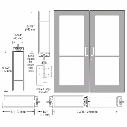 Clear Anodized Custom Pair Series 550 Wide Stile Geared Hinge Entrance Doors for Overhead Concealed Door Closers