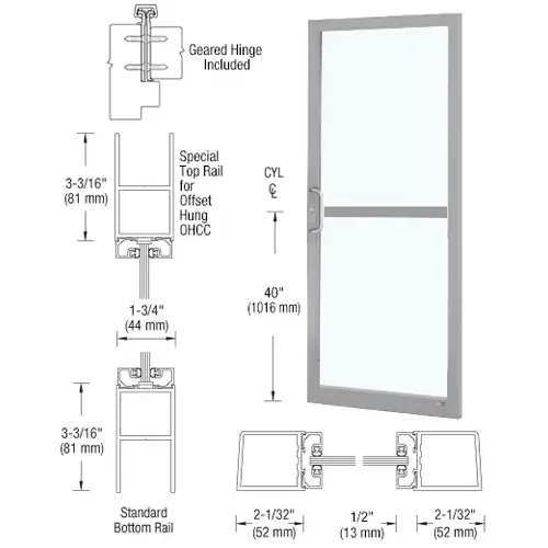 CRL-U.S. Aluminum DZ21911 Clear Anodized Custom Single Series 250 Narrow Stile Geared Hinge Entrance Door With Panic for Overhead Concealed Door Closer