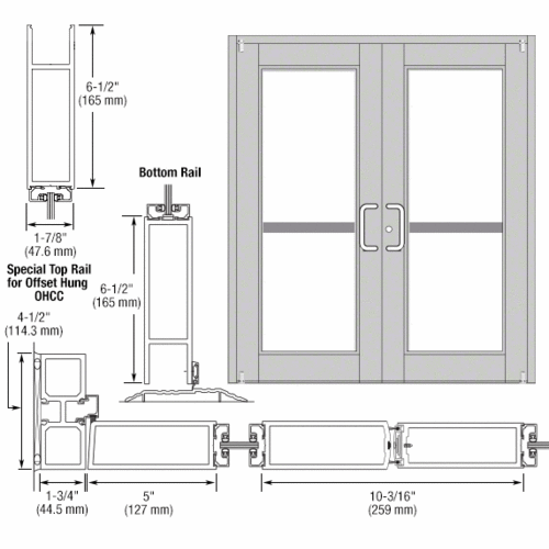 CRL-U.S. Aluminum DZ92111 Clear Anodized Custom Pair Series 850 Durafront Wide Stile Offset Pivot Entrance Doors With Panics for Overhead Concealed Door Closers
