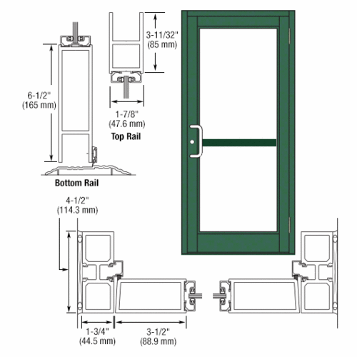 Custom Anodized Custom Single Series 800 Durafront Medium Stile Butt Hinge Entrance Door for Panic and Surface Mount Door Closer