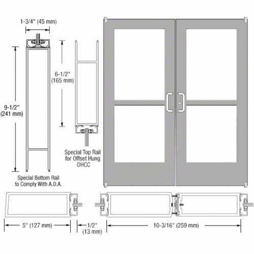 Class I Clear Anodized Custom Pair Series 550 Wide Stile Offset Pivot Entrance Door With Panics for Overhead Concealed Door Closers