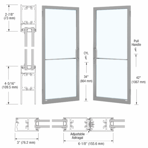 Class I Clear Anodized Custom Pair Series 250T Narrow Stile Butt Hinge Thermal Entrance Doors for Surface Mount Door Closers