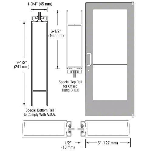 Clear Anodized Single 36" x 84" Series 550 Wide Stile Left Side Latch Offset Pivot Entrance Door for 90 degree Overhead Concealed Door Closer