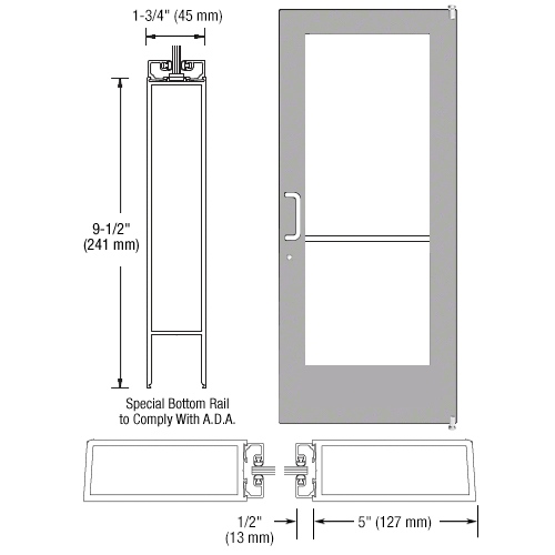 CRL-U.S. Aluminum 1DE51211L036 Clear Anodized 550 Series Wide Stile (RHR) HRSO Single 3'0 x 7'0 Offset Hung with Pivots for Surf Mount Closer Complete Door Std. Lock and 9-1/2" Bottom Rail for 1" Glass with Standard MS Lock and Bottom Rail