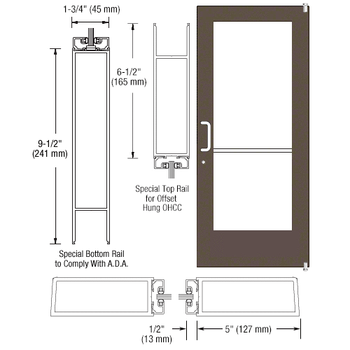 Bronze Black Anodized Single 36" x 84" Series 550 Wide Stile Left Side Latch Offset Pivot Entrance Door for 105 degree Overhead Concealed Door Closer