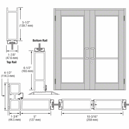CRL-U.S. Aluminum DC92511 Clear Anodized Custom Pair Series 850 Durafront Wide Stile Butt Hinged Entrance Doors for Surface Mount Door Closers