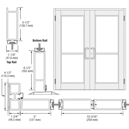 White KYNAR Paint Custom Pair Series 850 Durafront Wide Stile Butt Hinge Entrance Doors for Panics and Surface Mount Door Closers