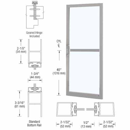 Clear Anodized Custom Single Series 250 Narrow Stile Geared Hinge Entrance Door for Panic and Surface Mount Door Closer