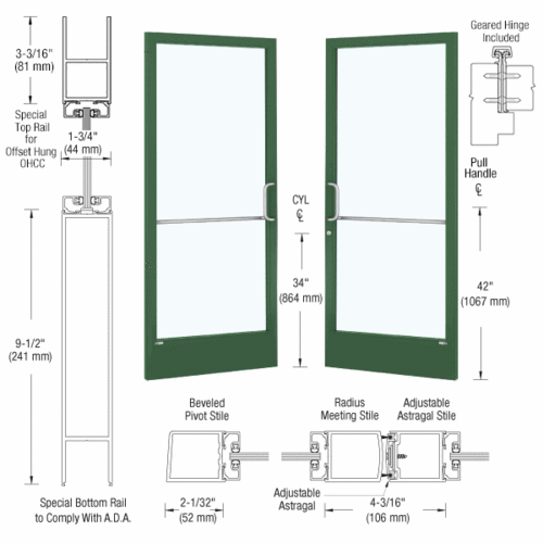 Custom Anodized Custom Pair Series 250 Narrow Stile Geared Hinged Entrance Doors for Overhead Concealed Door Closers