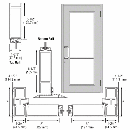 CRL-U.S. Aluminum DC91511 Clear Anodized Custom Single Series 850 Durafront Wide Stile Butt Hinged Entrance Door for Surface Mount Door Closer