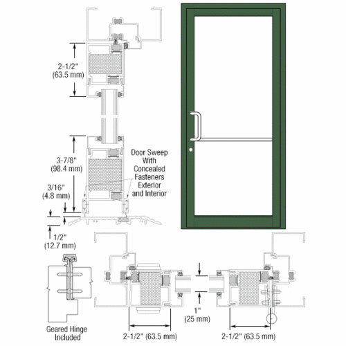 Custom Anodized Custom Single Series 650T Thermal Narrow Stile Geared Hinge Entrance Door for Surface Mount Door Closer