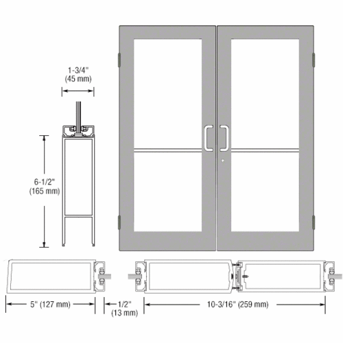 Class I Clear Anodized Custom Size Pair Series 550 Wide Stile Butt Hinge Showroom Doors for Surface Mount Door Closers