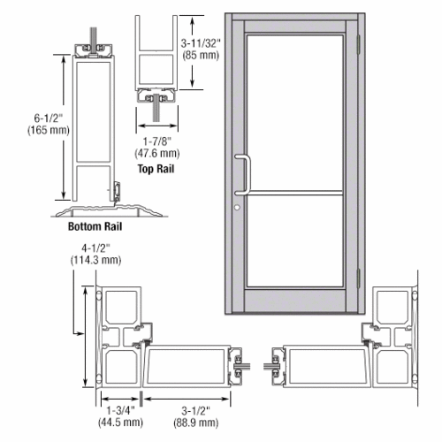 Class I Clear Anodized Custom Single Series 800 Durafront Medium Stile Butt Hinge Entrance Door for Surface Mount Door Closer