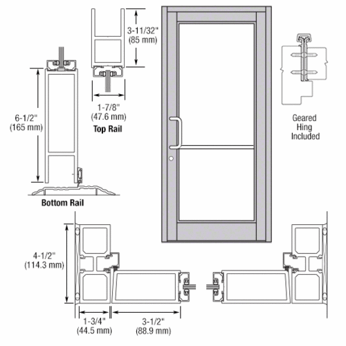 Clear Anodized Custom Single Series 800 Durafront Medium Stile Geared Hinge Entrance Door for Surface Mount Door Closer
