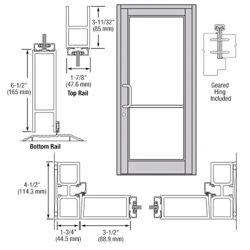 CRL-U.S. Aluminum DC81811 Clear Anodized Custom Single Series 800 Durafront Medium Stile Geared Hinge Entrance Door for Surface Mount Door Closer