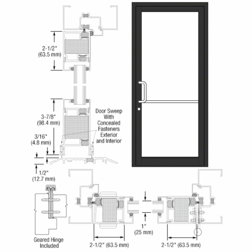 Black Anodized Custom Single Series 650T Thermal Narrow Stile Geared Hinge Entrance Door for Surface Mount Door Closer