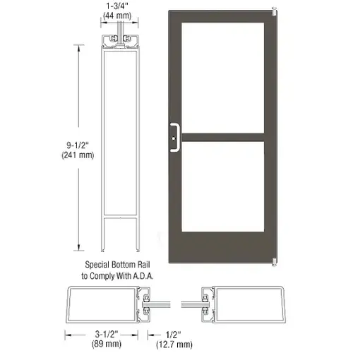 CRL-U.S. Aluminum 1CZ41222L036 Bronze Black Anodized 400 Series Medium Stile (RHR) HRSO Single 3'0 x 7'0 Offset Hung with Pivots for Surf Mount Closer Complete Panic Door for 1" Glass with Standard Panic and 9-1/2" Bottom Rail