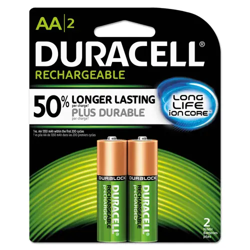 DURACELL 66153 Rechargeable Battery, 2000 mAh, AA Battery, Nickel-Metal Hydride - pack of 2