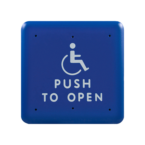 4-1/2" Square Push Plate Actuator with Push to Open Text and Handicap Logo Blue Finish