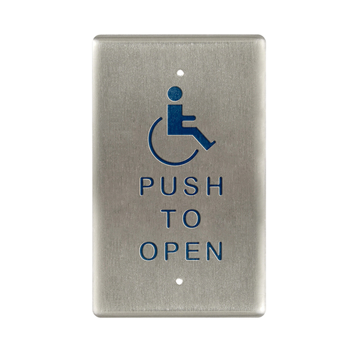 Single Gang Push Plate Actuator with Push to Open Text and Handicap Logo Satin Stainless Steel Finish