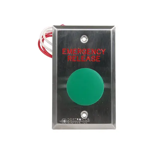 5210 Series Exit Push Button, 1-9/16" Diameter Mushroom Button, with Form Z Pneumatic 2-60 Delay, Green Button, Stainless Steel Plate Engraved "EMERGENCY RELEASE"