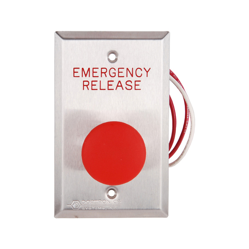 5210 Series Exit Push Button, 1-9/16" Diameter Mushroom Button, with Form Z Pneumatic 2-60 Delay, Red Button, Stainless Steel Plate Engraved "EMERGENCY RELEASE"