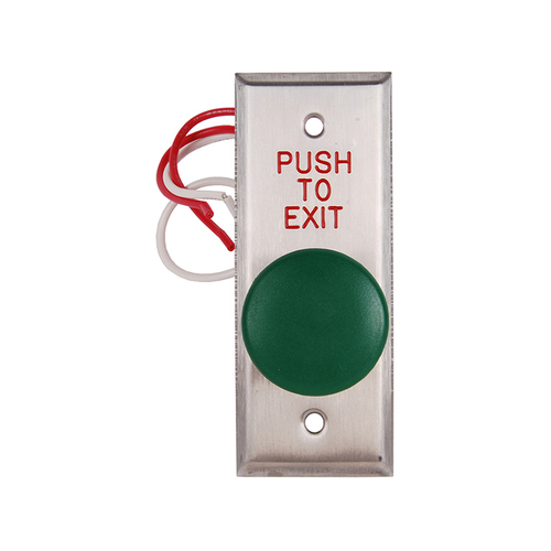 5210 Series Narrow Stile Exit Push Button, 1-9/16" Diameter Mushroom Push Button, Pneumatic 2-60 Second Delay, Form Z, Green Button, Engraved "PUSH TO EXIT"