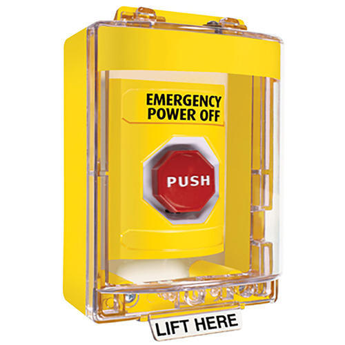 Stopper Station, Yellow, Surface Cover, Universal Stopper, Horn, Key-to-Reset, Illuminated, "EMERGENCY POWER SHUT OFF"English