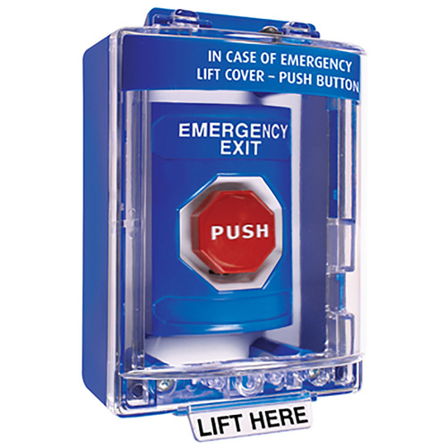 STI SS2478EX-EN Stopper Station, Blue, Surface Cover, Universal Stopper, Label Shell, Pneumatic, Illuminated, "EMERGENCY EXIT"English