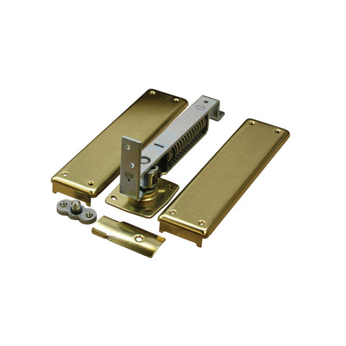Medium Duty Horizontal Double Acting Spring Pivot with Floor Plate Bright Brass Finish