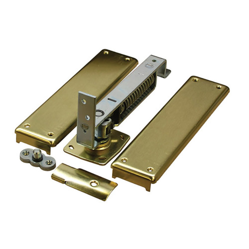 Medium Duty Horizontal Double Acting Spring Pivot with Floor Plate Bright Brass Finish
