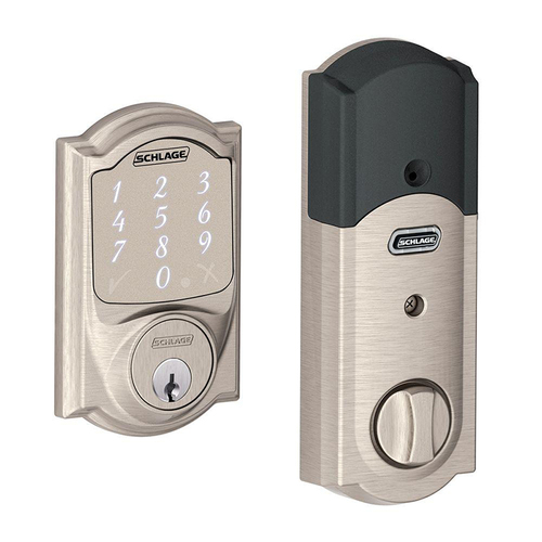 Schlage Residential BE479AA V CAM 619 Sense Smart Camelot Touchpad Deadbolt Works with Apple HomeKit with 12344 Latch and 10116 Strike Satin Nickel Finish