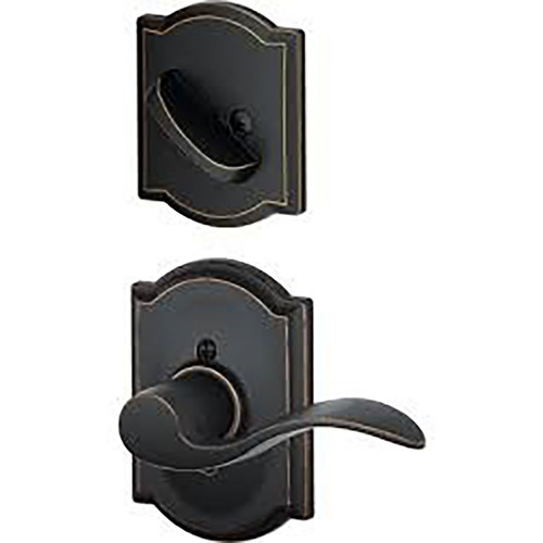F59 Accent Inside Trim Handleset/Entrance Lever Lock with Camelot Trim, Aged Bronze