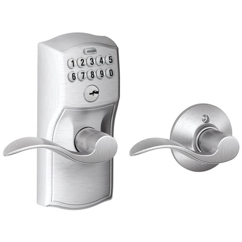 Schlage Residential FE575 CAM626ACC Camelot with Accent Lever Keyed Entry Auto Lock Electronic Keypad with 16211 Latch and 10063 Strike Satin Chrome Finish