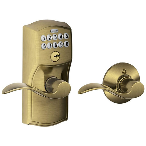 Schlage Residential FE575 CAM609ACC Camelot with Accent Lever Keyed Entry Auto Lock Electronic Keypad with 16211 Latch and 10063 Strike Antique Brass Finish