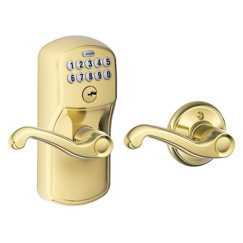 Schlage Residential FE575 PLY505FLA Plymouth with Flair Lever Keyed Entry Auto Lock Electronic Keypad with 16211 Latch and 10063 Strike Lifetime Brass Finish