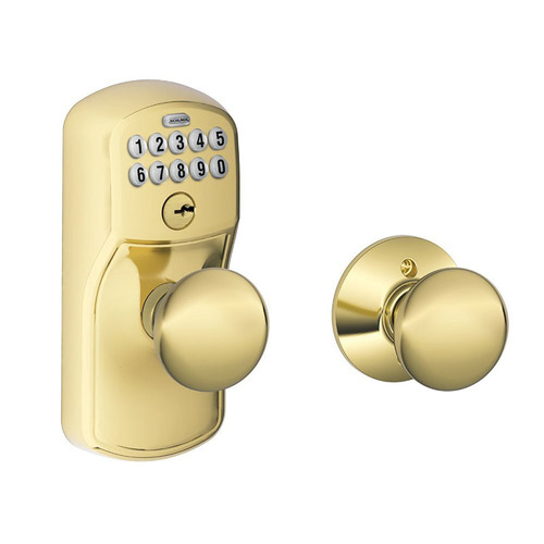 Schlage Residential FE575 PLY505PLY Plymouth with Plymouth Knob Keyed Entry Auto Lock Electronic Keypad with 16211 Latch and 10063 Strike Lifetime Brass Finish