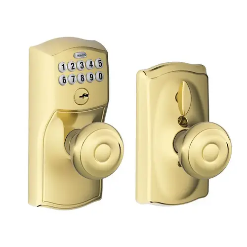 Schlage Residential FE595 CAM505GEO Camelot with Georgian Knob Entry Flex Lock Electronic Keypad with 16211 Latch and 10063 Strike Lifetime Brass Finish