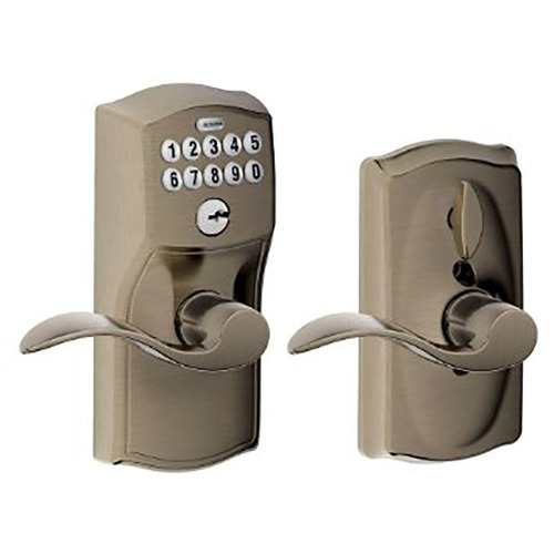 Schlage Residential FE595 CAM620ACC Camelot with Accent Lever Entry Flex Lock Electronic Keypad with 16211 Latch and 10063 Strike Antique Nickel Finish