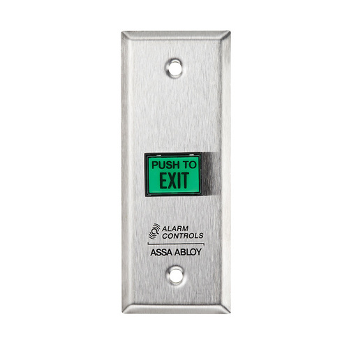 Alarm Controls TS-9 Narrow Green Square Push to Exit Button Satin Stainless Steel Finish