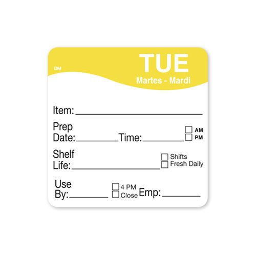 DAYMARK IT112213B-2-TUE 2x2 DM 250 DOW LDIRTS (12 roll Case) 2 inch x 2 inch square DissolveMark-Dissolvable Adhesive 250 count - Day of the Week Date Initial Rotate Shelf Life Label (12 Rolls per Case)