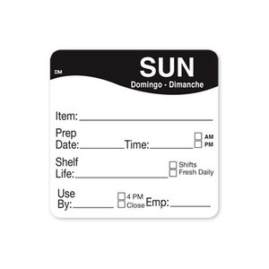 DAYMARK IT112213B-7-SUN 2x2 DM 250 DOW LDIRTS (12 roll Case) 2 inch x 2 inch square DissolveMark-Dissolvable Adhesive 250 count - Day of the Week Date Initial Rotate Shelf Life Label (12 Rolls per Case)