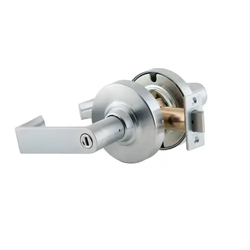 Grade 1 Bath/Bedroom Privacy Lock, Rhodes Lever, Non-Keyed, Extended Outside for 2-1/2 In. Door, Satin Chrome Finish, Non-handed Satin Chrome