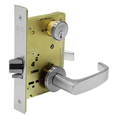 Fail Secure Electro Mechanical Single Cylinder 24 Volt Mortise Lock with L Lever and LN Rose with Request to Exit and Small Format IC Prep with Plastic Construction Core Satin Chrome Finish