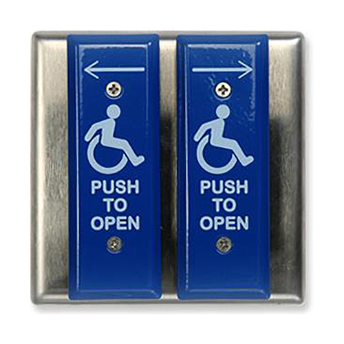 MS Sedco 59V-H 59V Series Door Activation Switch, 2 Blue Face plates, Two 59J Series Jamb Switches on a 4-1/2 In. Stainless Steel Back Plate, for Independent Operation of Two Doors Inside the Vestibule, Mounts to a 2-Gang Electrical Box, WHEELCHAIR/PUSH TO OPEN/ARROWS