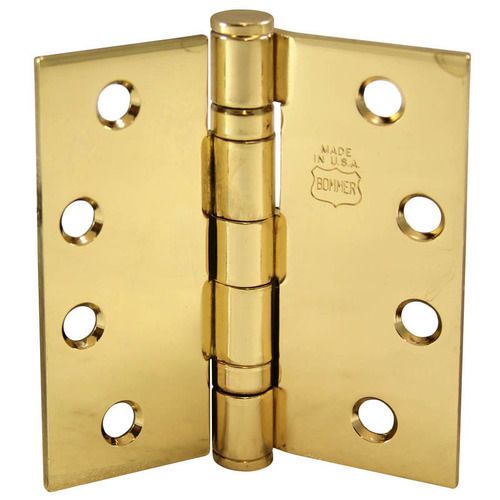 Bommer BB5000-450-632 Ball Bearing Five Knuckle Architectural Grade Hinge with Button Tips, Standard Steel Full Mortis, 4-1/2 In. by 4-1/2 In. Bright Brass