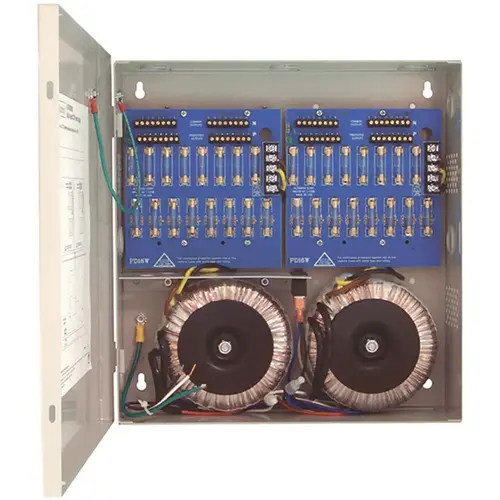 CCTV Power Supply, Input 115VAC 50/60Hz at 5.4A, 32 Fuse Protected Outputs, 24VAC at 25A or 28VAC at 20A, Grey Enclosure