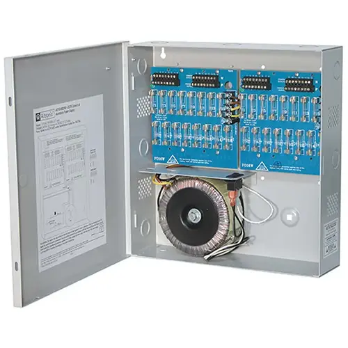 CCTV Power Supply, Input 115VAC 50/60Hz at 2.7A, 32 Fuse Protected Outputs, 24VAC at 14A or 28VAC at 12.5A, Grey Enclosure