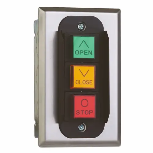 Push Button Control Station, Interior Use, 3 Button, Open/Close/Stop, NEMA 1, 3 AMP @ 250V AC, Flush or Surface Mount, Stainless Faceplate